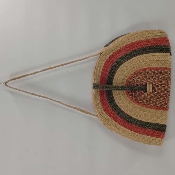 Rainbow shape strap woven rattan  boho beach bag tan red green - Picture 1 of 8